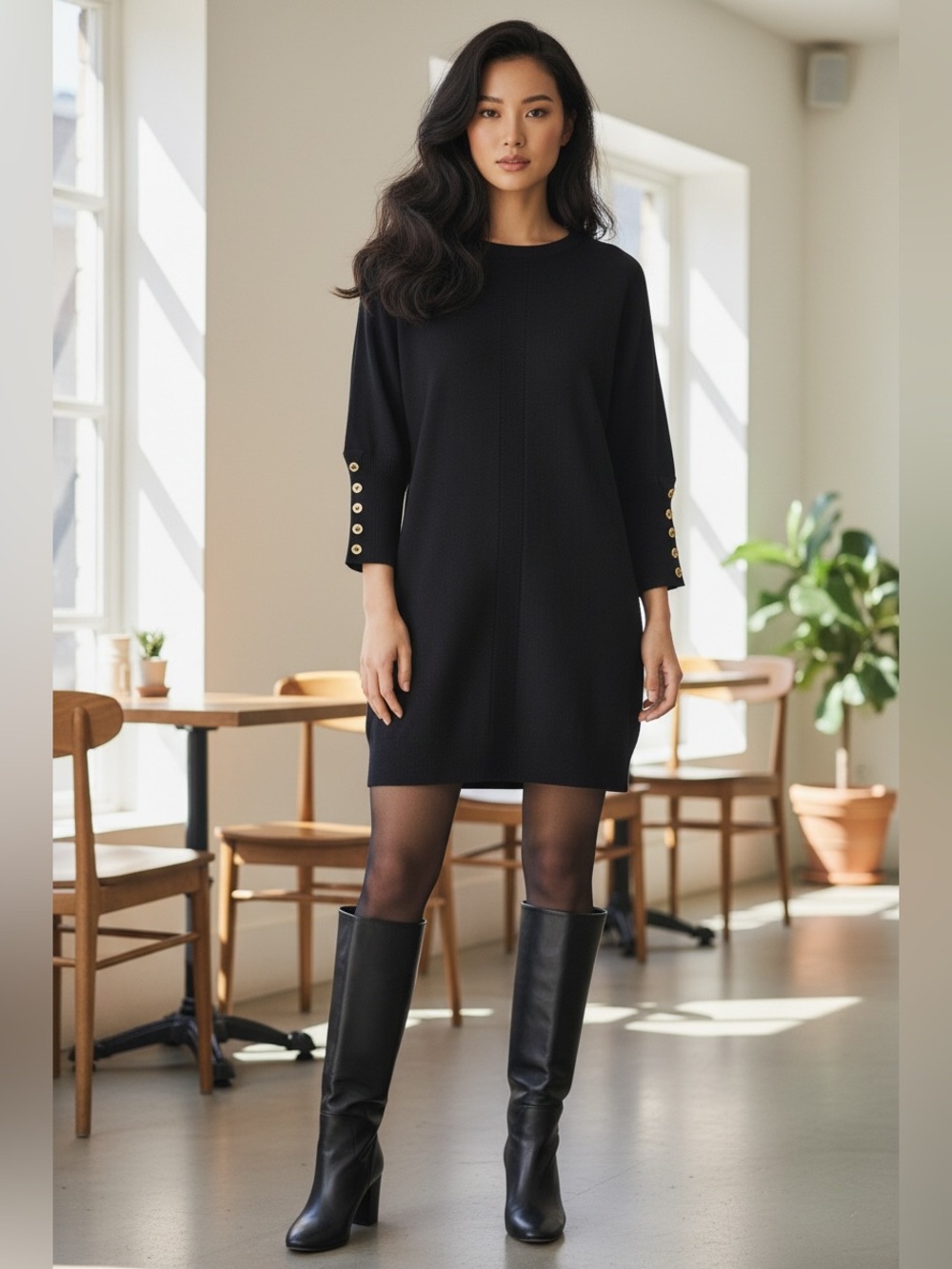 Lilly Pulitzer Black 100% Merino Wool Gold Button Knit Sweater Dress XS